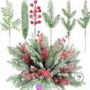 70PCS Christmas Snowy Pine Branches Greenery - Artificial Pine Needles Branches with Red Berry Stems Fake Frosted Cedar Pine for DIY Christmas Tree Xmas Wreath Garland Crafts Winter Home Decorations