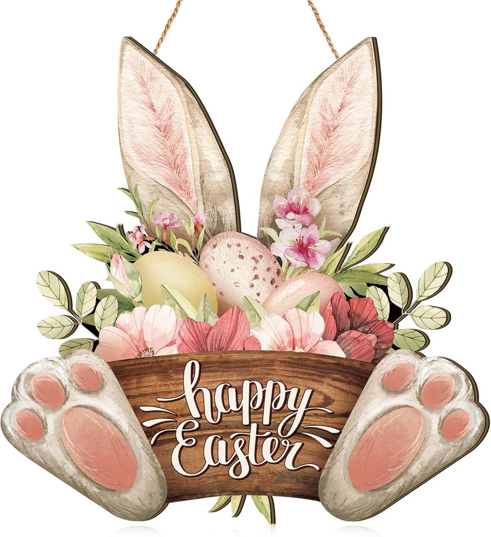 Barydat 1 Pcs Easter Wreaths for Front Door Bunny Welcome Wood Sign Door Hanger Spring Decorations Easter Hanging Plaque Rabbit Sign Decorations for Home Shop Garden (17 Inch)