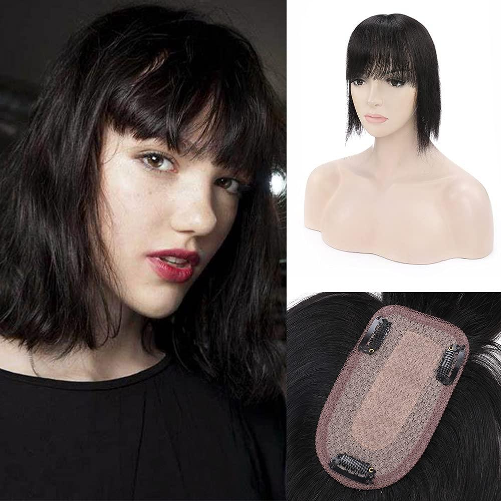 MY-LADY Human Hair Toppers for Women Real Remy Hair 150% Density 7 * 13CM Silk Base with Bangs Clip in Hair Pieces Straight Hairpiece for Thinning Hair 18 Inch #1B Natural Black