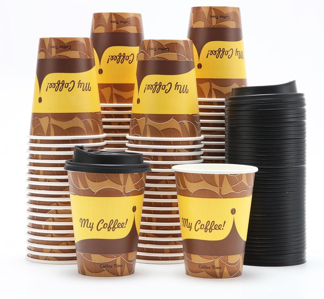Tamone 100 Pack 12 oz Thanksgiving Cups Fall Disposable Coffee Cups with Lids, Paper Coffee Cups with Lids, Cold/Hot Drinking Paper Cups for Coffee, Water, Juice or Tea, Disposable Paper Cups for Home (Dark Brown)