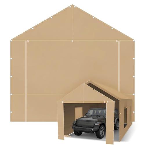 Wesnoy 10 x 20 ft Carport Front Panel Tarp Khaki Canopy Shelter Replacement Cover with Opening Door Drill Holes on Both Sides Car Canopy Tent for Truck, Car, Boat