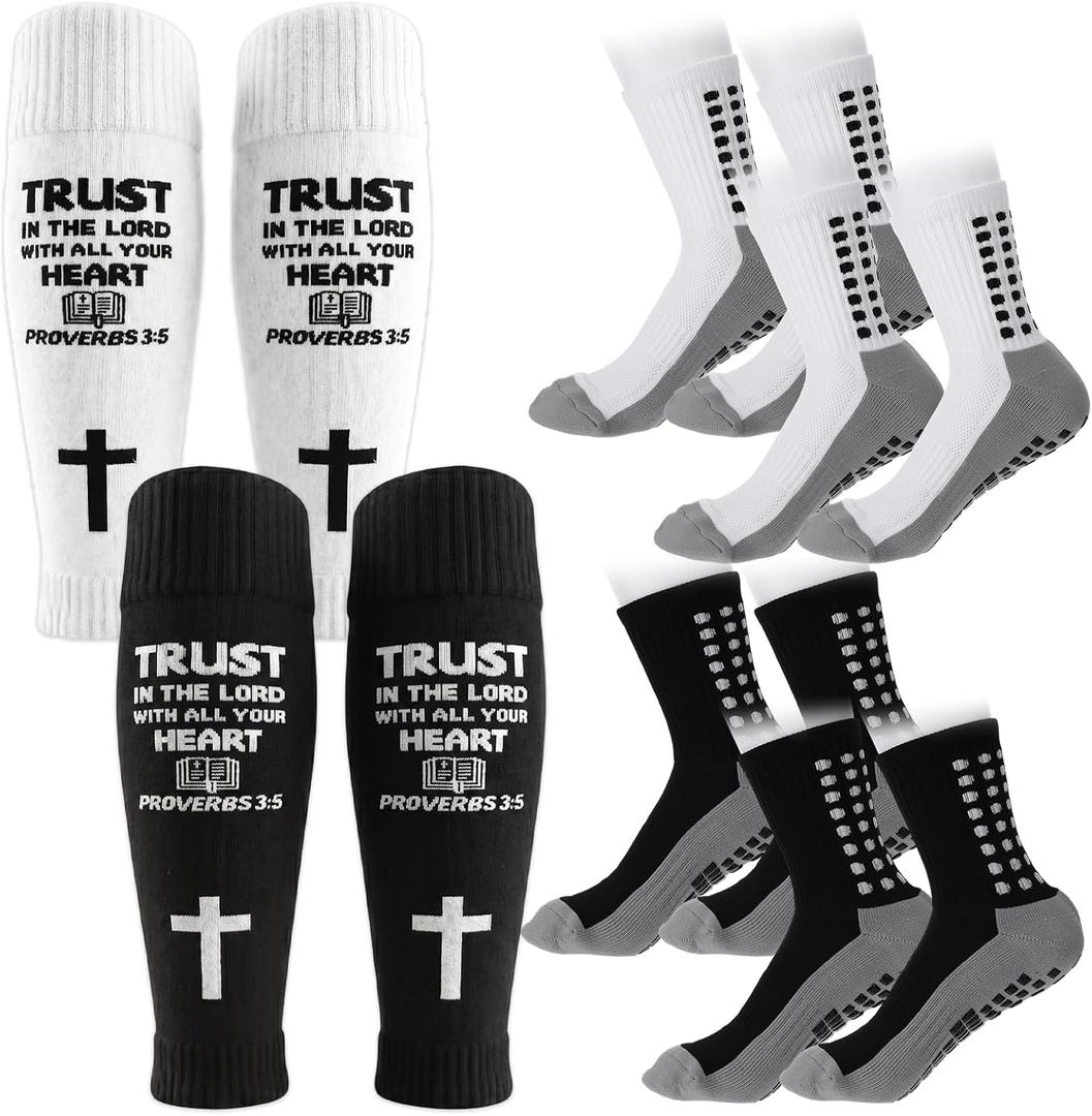 4 Pcs Grip Socks Soccer and Shin Guard Sleeves, 2 Pairs Anti Slip Socks 2 Pairs Inspirational Verse Sleeve for Men Women