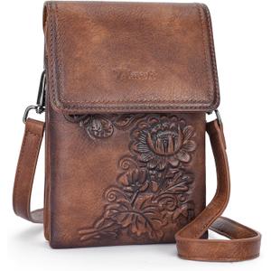 Small Crossbody Bags for Women Trendy Vegan Leather Cell Phone Bag Embossed Flower Design Wallet Purses with Strap (01-brown)