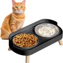 Elevated Cat Bowl, Raised Cat Food and Water Bowl Set for Indoor Cats, Splash Proof with 4 Stainless Steel Pet Food Bowls for Cats and Puppies, Whisker Fatigue and Dishwasher Safe - Black