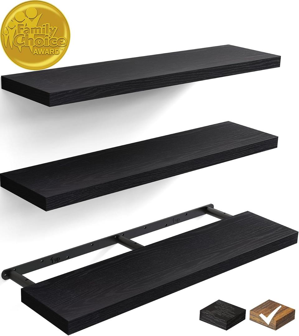 BAYKA Floating Shelves for Wall, 36 inches Wall Mounted Rustic Wood Shelves for Bathroom, Bedroom, Living Room, for Books/Storage/Decor with 22lbs CapacityBlack,Set of 3 (36inches)