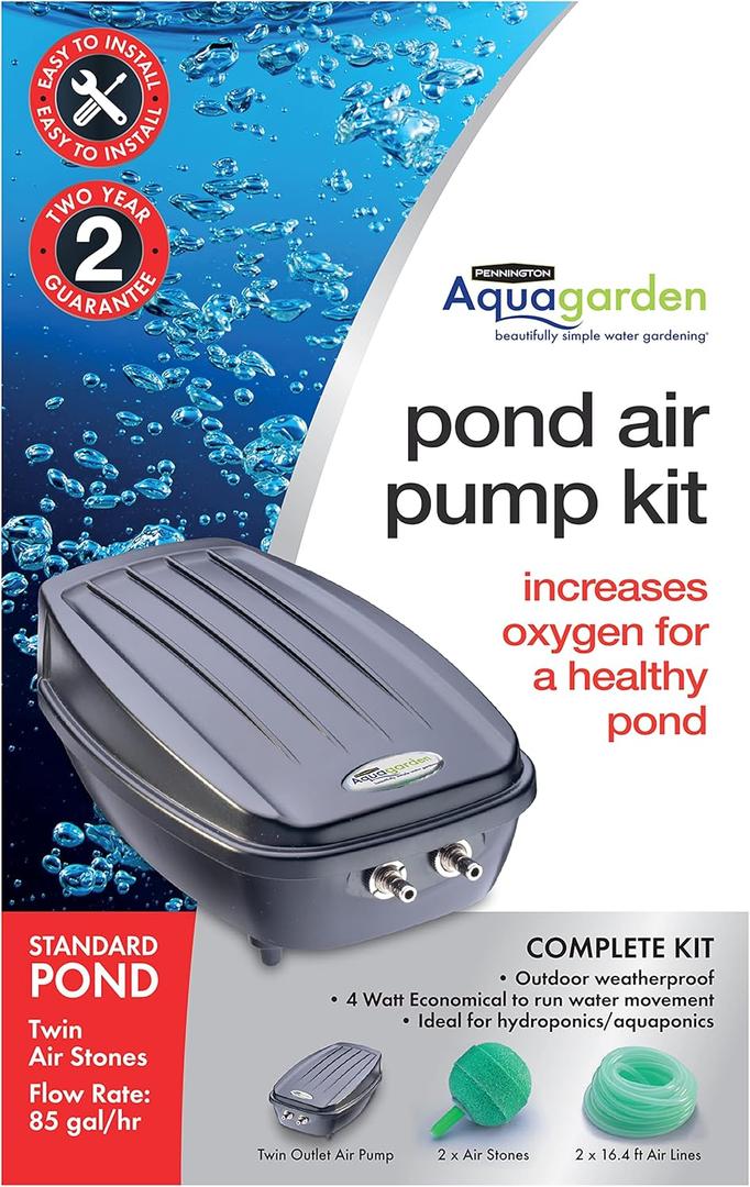 Aquagarden, Pond Air Pump Kit, Outdoor Weather Proof air Pump, Twin Outlet Pond Oxygenator, Inc 2 Air Stones & 2 Air Lines, 85 gal/hr Flow Rate, Economical to Run, for Standard Ponds,Black