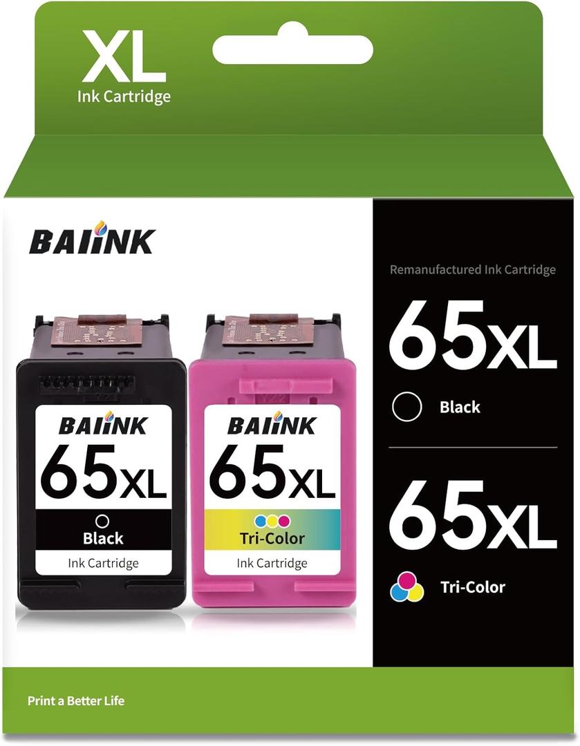 Remanufactured Ink Cartridge Replacement for HP Ink 65 HP 65XL for 3755 3700 3752 3772 2600 2622 2652 2655 5055 5000 5052 5014 100 120 130 Printer (Black and Color 2-Pack)