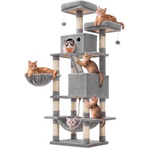 Feandrea Cat Tree, 66.1-Inch Large Cat Tower, Multi-Level Condo, Light Gray