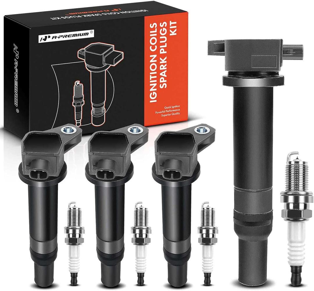 A-Premium Set of 4 Ignition Coil Pack and Iridium Spark Plugs Compatible with Hyundai Accent 2006-2011 & Kia Rio Rio5 2006-2011, L4 1.4L 1.6L
