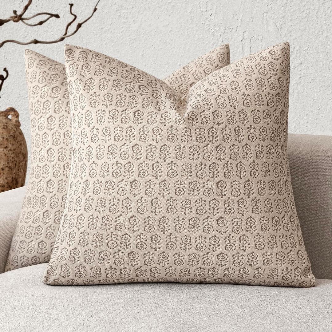 Foindtower Set of 2 Decorative Vintage Floral Print Throw Pillow Covers Neutral Modern Farmhouse Cushion Covers Boho Home Decor for Sofa Couch Chair Bedroom Living Room Outdoor,2020 Inch,Ivory Beige