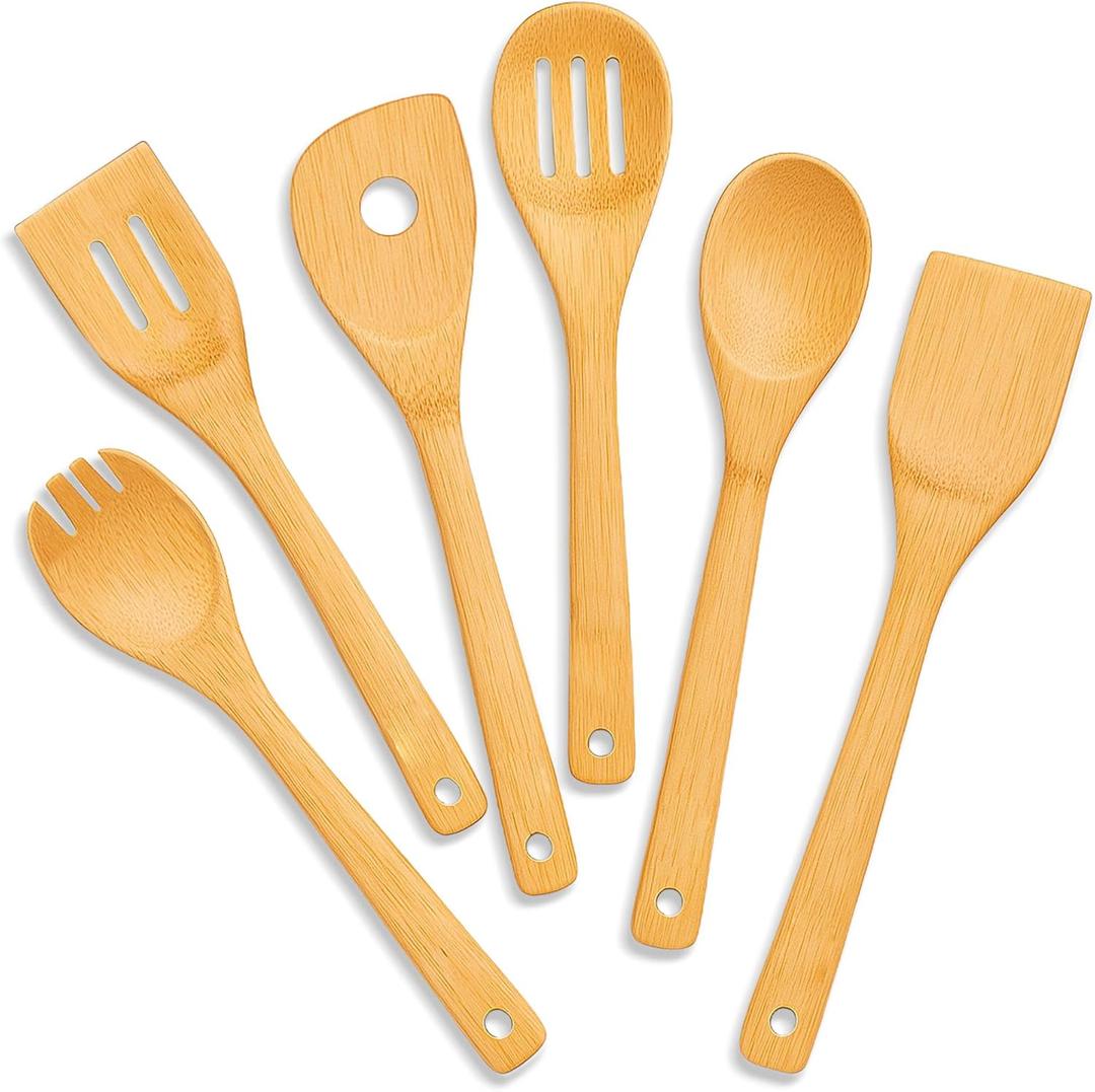 2 x Freshware Bamboo Wooden Utensils Set for Kitchen, 6-Piece, Wooden Spoons for Cooking, Cooking Utensils Set Includes Wood Spoons and Spatula, Utensil Sets for Kitchen Essentials