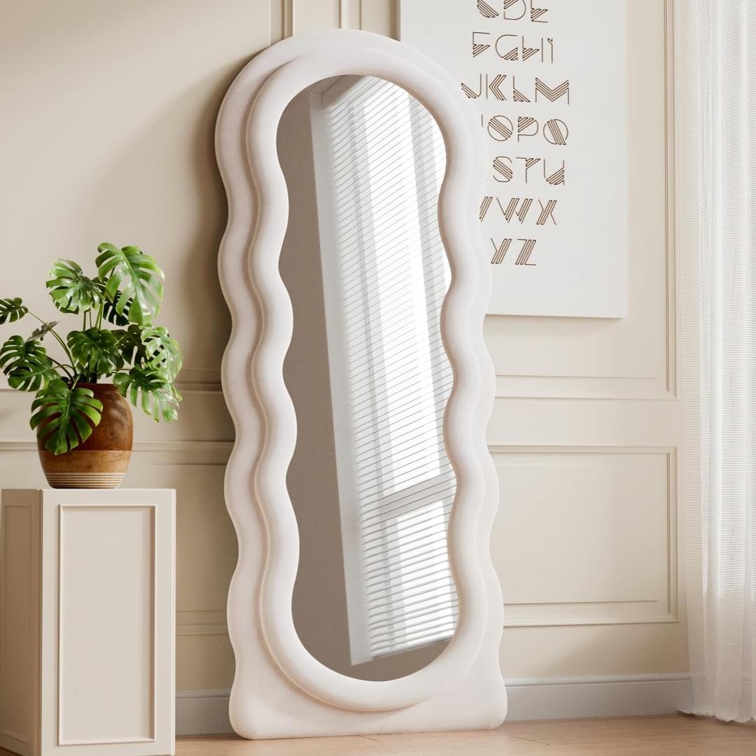 Full Length Mirror, 63" x 24"Irregular Wavy Mirror, Large Floor Length Mirrors Wall Mounted, Standing Wavy Mirrors with Flannel Wrapped Wooden Frame for Bedroom/Living Room, White