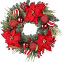 24 Inch Christmas Wreath, Artificial Christmas Wreath for Front Door, Decorated with Cypress Leaves, Christmas Flowers, Red Berries, Atmosphere Balls, Suitable for Indoor and Outdoor (Chrismats Wreath 19)