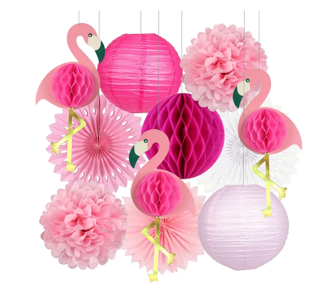 Tropical Pink Flamingo Party Decorations Set, Pom Poms Honeycomb Balls Paper Fans and Lanterns, 50 Plastic Drinking Straws and 12 Inflatable Pool Drink Holders for Hawaiian Summer Beach Party Favors, Pink 