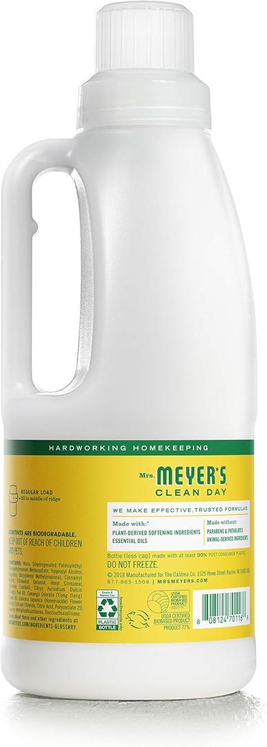MRS. MEYER'S CLEAN DAY Liquid Fabric Softener, Infused with Essential Oils, Paraben Free, Honeysuckle, 32 oz (32 Loads) (32 Fl Oz (Pack of 1))