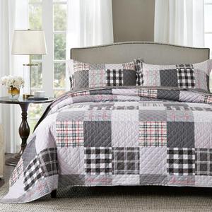 Travan Quilt Set 3-Piece Oversized Quilted Bedspread Coverlet Set Grey European British Grid Patchwork Bedding Set, Queen Size