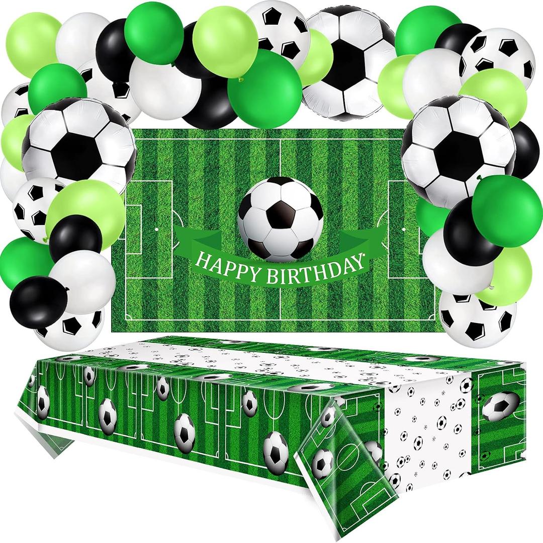 86 Pieces Soccer Party Decorations Includes Soccer Balloon Birthday Banner Backdrop Tablecloth for Sports Event Birthday Party Supplies