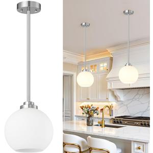 2 Pack 7.2-Inch Globe Pendant Lights, Mid Century Brushed Nickel Pendant Light Fixtures, Globe Pendant Lights Kitchen Island with Milk Glass Shade Hanging Fixture for Dining Room Bulbs not Included