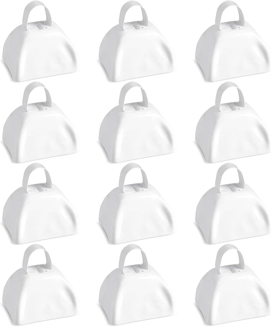 BLUE PANDA 3-inch Cowbells with Handle - Hand Percussion Cow Bells Noise Makers for Sporting Events, Football Games - Pack of 12 Cow Bell (White Cowbell)