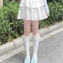 2 Pair White Cute Long Ruffle Knee High Lace Socks, Medias Blancas Altas Largas Para Nias (White)