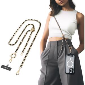 MAGEASY Cell Phone Chain Lanyard Crossbody with Tether Tab & Attachment Clip, Metal & Leather Strap with 360 Rotatable Buckle Adjustable Length, Chic Rust-Proof Strap for iPhone (Classic Gold)