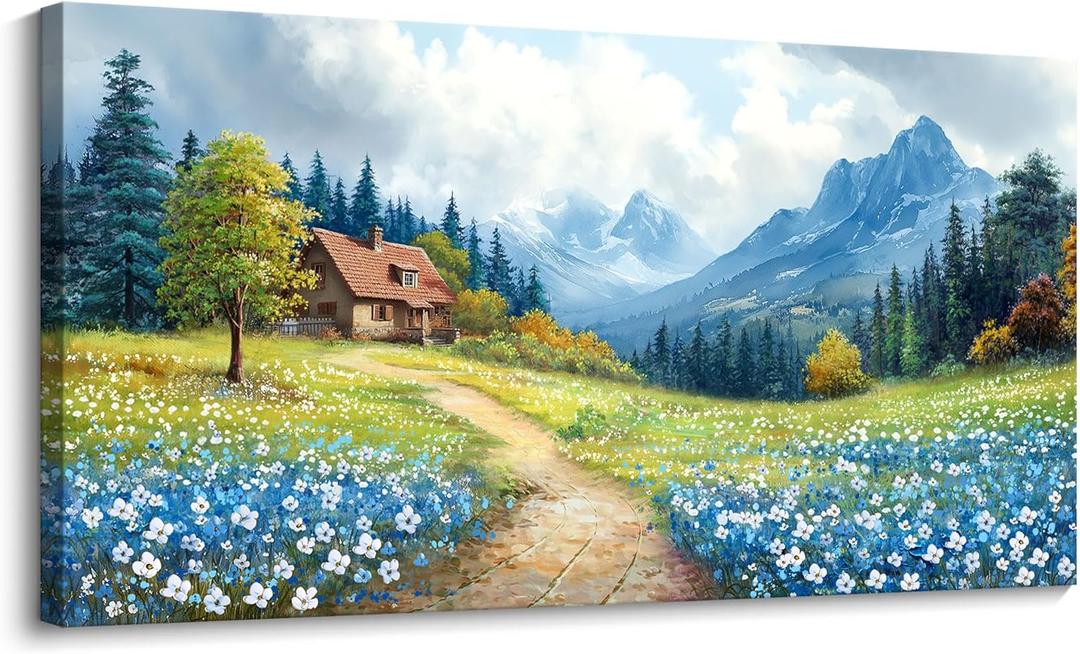 CHATYOUNG Canvas Wall Art Landscape Paintings, Blue Misty Mountains and Wild Flowers Rustic Prints Wall Pictures Large Size 24"X48" for Living Room Bedroom Bathroom Home Decor Gift