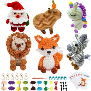 6PCS Crochet Kit, Amigurumi Crocheting Animals Kits with Step-by-Step Video Tutorials Dinosaur, Zebra, Fox, Lion, Pufferfish, Unicorn, Santa Claus, Knitting Starter Pack for Adults and Kid