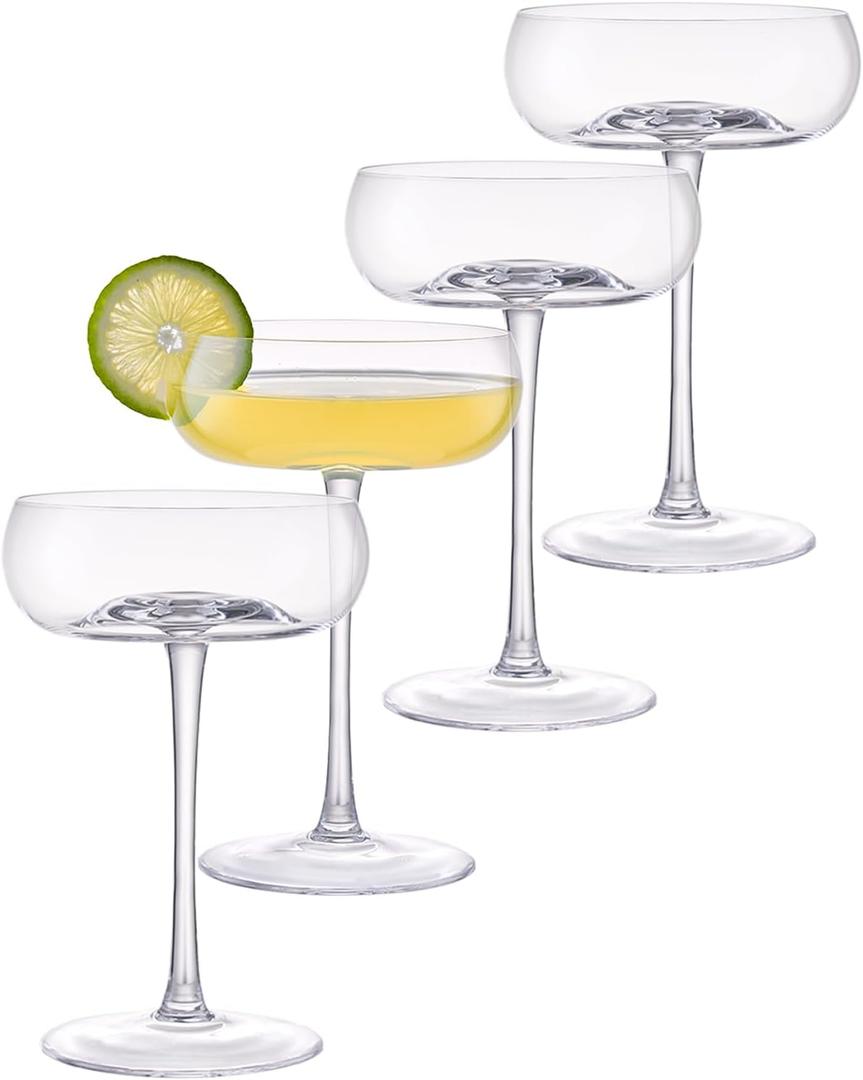 Handmade Coupe Glasses Set of 4 8.5oz Crystal Cocktail Glasses with Unique Convex Base, Elegant Coupe Glassware for Margarita, Martini, Champagne, Manhattan & Cocktails