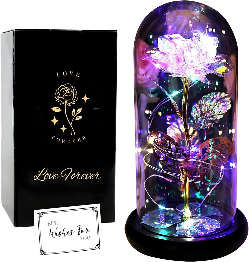 Beauty and The Beast Rose Light Up Galaxy Rose Gift for Mom Enchanted Forever Crystal Rose with Butterfly in Glass Dome Artificial Flower Unique Birthday Gifts for Her Grandma Sister Friend (Gold)
