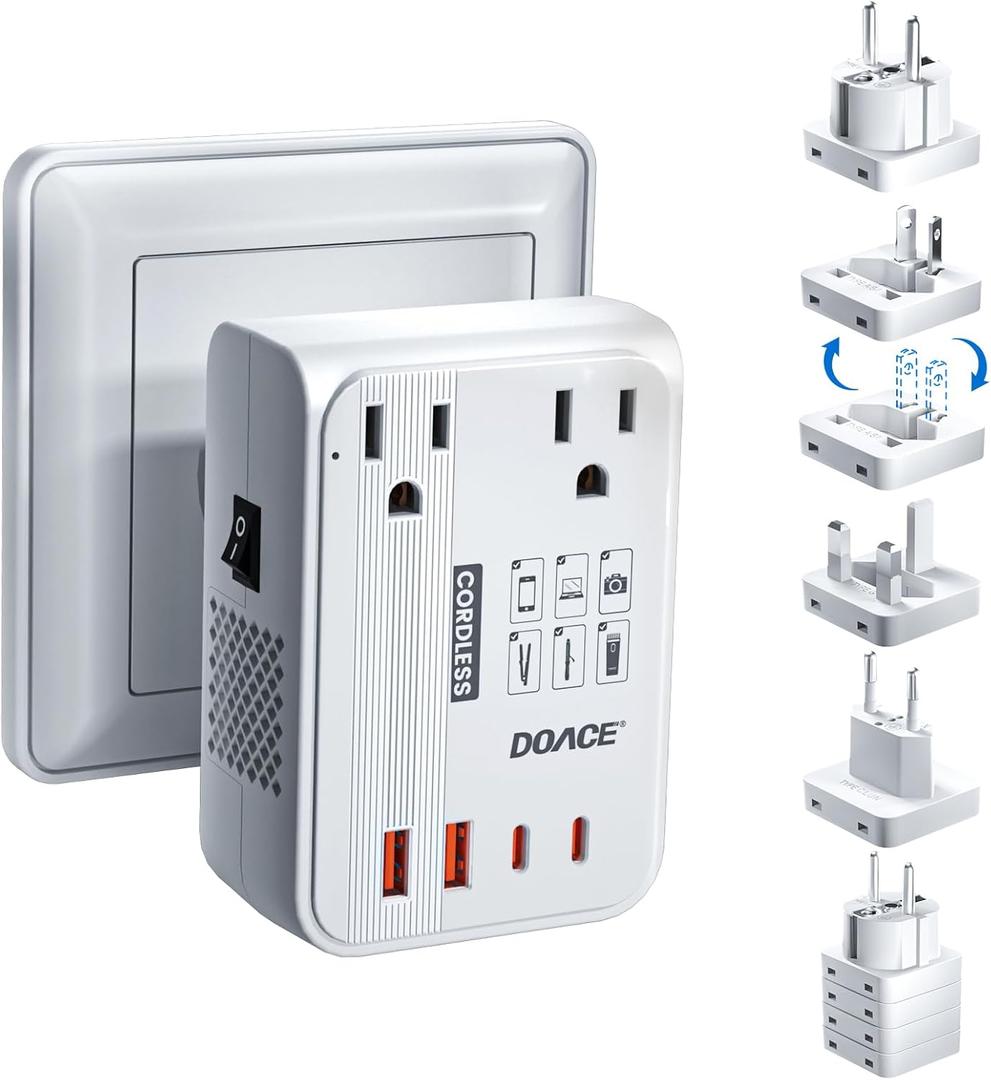 DOACE 220V to 110V Converter for European Travel - 6 in 1 350W Voltage Converter US to Europe, Power Converter Adapter Combo with PD Fast Chargers for Hair Straightener Shaver Toothbrush Laptop Phone (White)