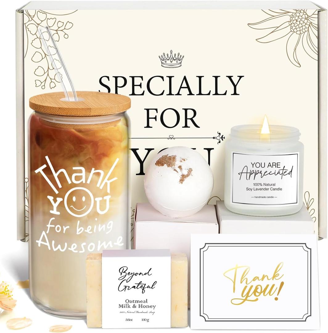 Thank You Gifts for Women, Teacher Appreciation Gifts, Employee Appreciation Gift for Coworkers Employees Teachers Nurse Secretary w Thanks Cards, Awesome Glass Cup