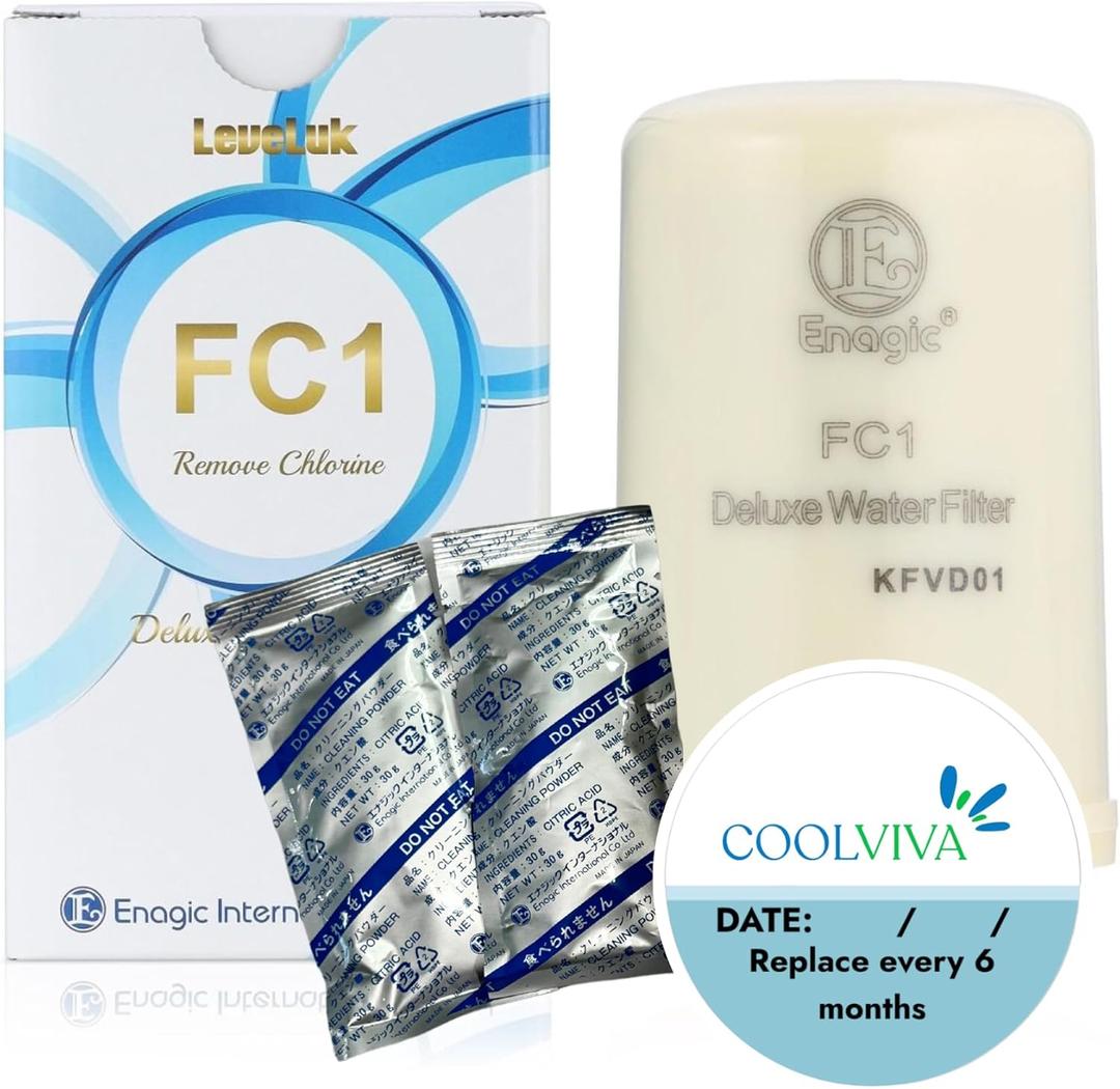Water Filter Replacement Kit by COOLVIVA. FC1 Replaces Enagic Leveluk F8 and HG-N Filters on K8, SD501, JRIV Machine. Features One FC1 Water Filter, Two Cleaning Powders, and a Reminder