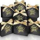 100 Pack Small Thank You Gift Bags, 4.5x1.8x3.9in Party Favor Bags Boxes with Bow Ribbon, Small Paper Gift Bags with Gold Foil Printed, Mini Candy Treat Bags for Birthday Wedding Party Holiday (Black)