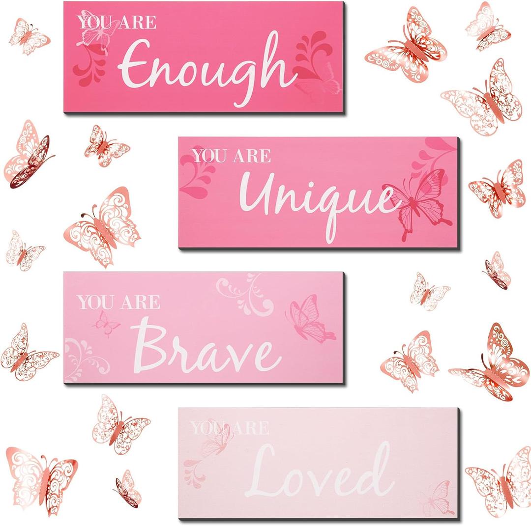 Blulu 4 Pcs Butterfly Inspirational Quotes Wooden Wall Decor and 3D Butterfly Wall Decor Girls Room Inspirational Gift for Teen Girls Women Room Nursery Bedroom Bathroom (Pink)