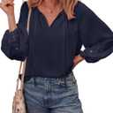 EVALESS Womens Tops Dressy Casual V Neck Long Sleeve Hollow Out Embroidered Blouses Shirts Spring Summer Outfits 2025 (Black, S)