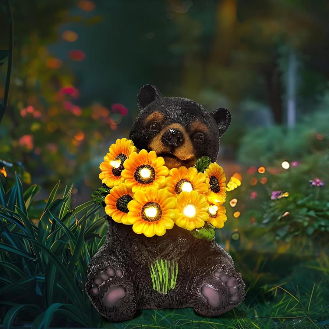 Solar Garden Decor Black Bear Outdoor Statue, Outdoor Patio Sculpture Decor LED Lights Gifts for Mom or Daughter, Garden Statues Birthday Gifts for Women Home and Yard