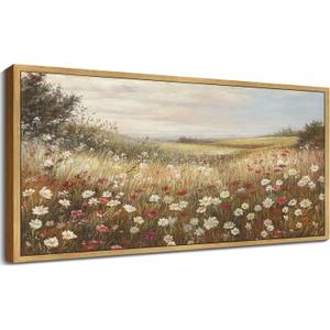 KUVIOKE Vintage Landscape Framed Wall Art 20x40in Large Grassland Meadow Wildflower Field Wall Prints Classic Retro Farmhouse Rustic Decorations for Living Room Bedroom (Natural Framed) (40L" x 20W")