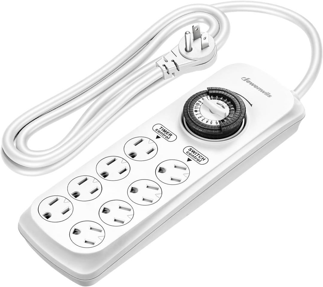 DEWENWILS Mechanical Timer Power Strip with 8 Outlets, Flat Plug, 6ft Long Cord, Overload Protection, Indoor Timer for, Bearded Dragon Tanks, Aquarium, Grow Lights, Plants, Reptile Light, UL Listed (White)