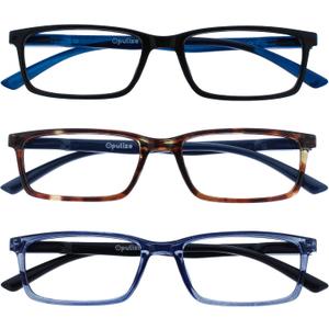OPULIZE SEE Reading Glasses with Blue Light Blocking for Women and Men, Narrow Frame, Spring Hinges, Computer Gaming Glasses, Black,Brown,Blue +3 (Pack of 3)
