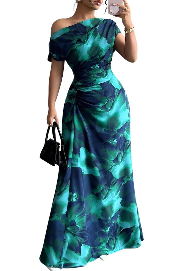 GORGLITTER Women's Ruched Maxi Dresses Floral Asymmetrical Neck Short Sleeve Prom Bodycon Wedding Guest Long Dresses M