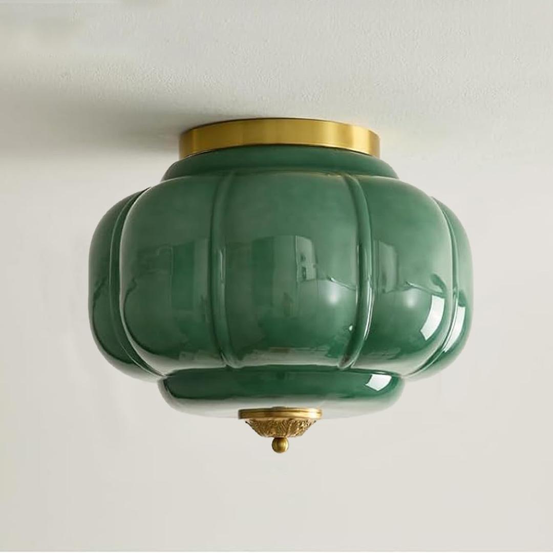 MIXL-Green Milk Glass Ceiling Light,Pumpkin Shape Milk Glass Light Fixture,Vintage Style Ceiling Lamp for Living Room Bedroom, 15 inches