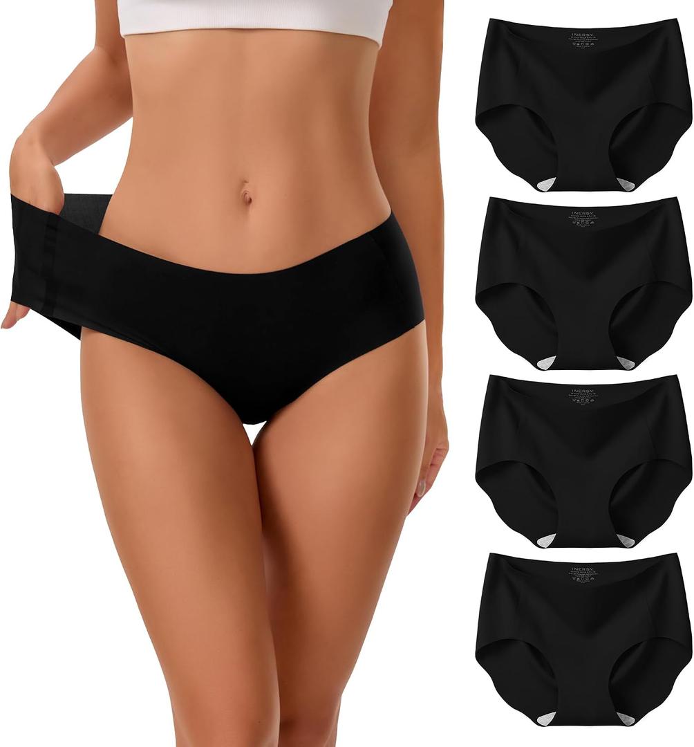 INNERSY Seamless Underwear for Women Soft No Show Invisible Hipster Panties 4-Pack Black, Large