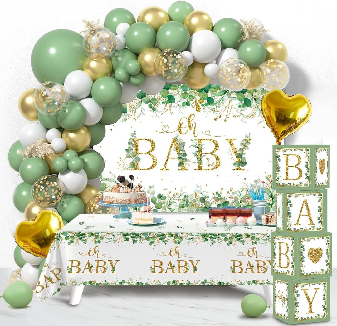 Sage Green Baby Shower Decorations for Boy Girl 106pcs Greenery Balloon Arch Kit, Baby Box,Tablecloth and Backdrop for Boho Woodland Jungle Theme Baby Shower Decor Neutral Party Supplies