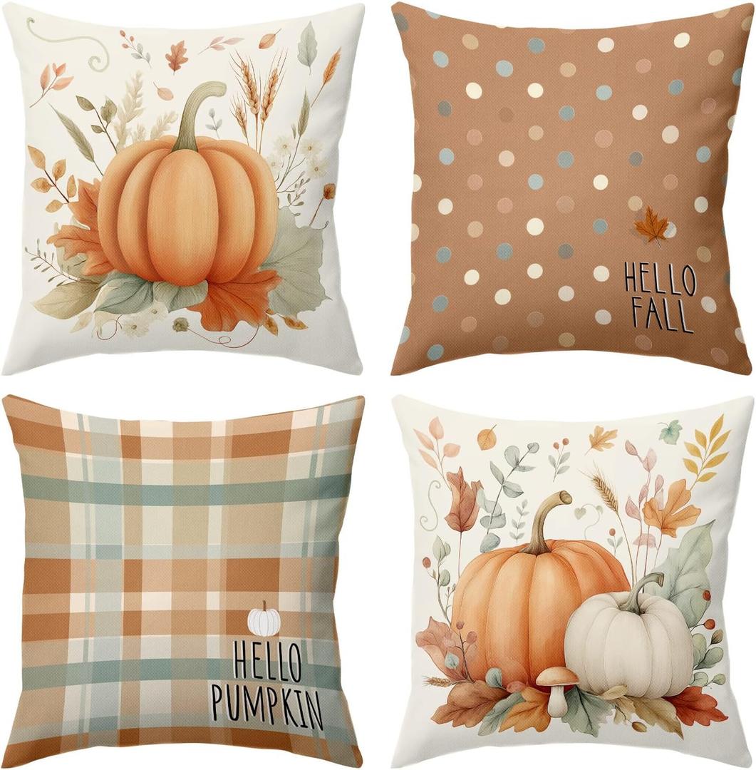 BBOLDIN Fall Thanksgiving Throw Pillow Covers 18x18, Fall Plaid Leaves Pumpkin Orange Pillow Cases Set of 4, Halloween Autumn Cushion Covers Decorations for Home Porch Bedroom