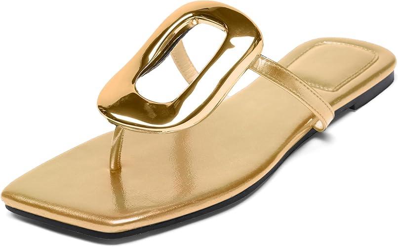 Flip-Flops Sandals for Women Comfortable Open Square Toe Slip on Beach Thong Sandals Casual Fashion Ladies Slipper Dressy Metal Decoration Summer Shoes. (9.5)