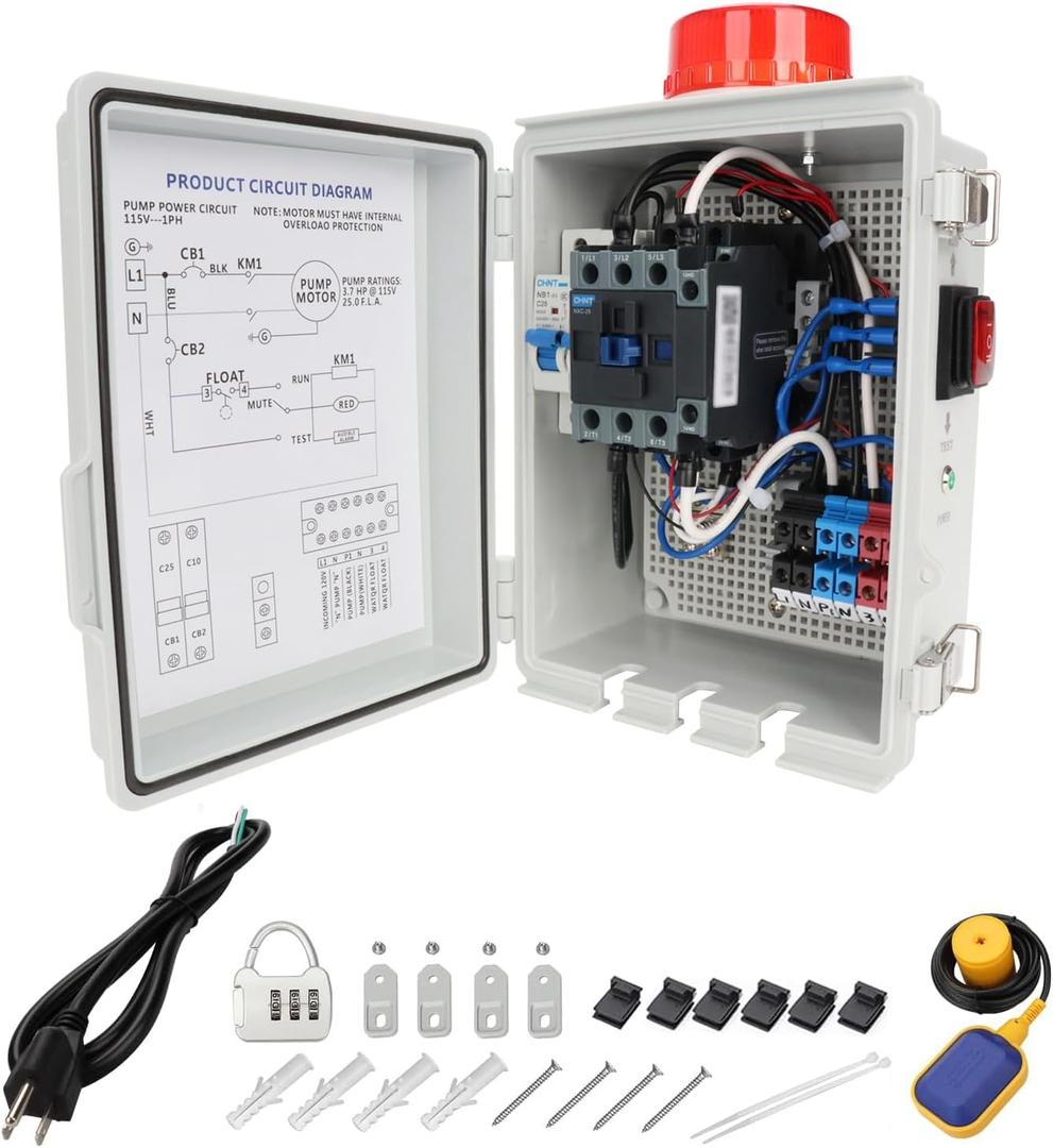 Upgraded Septic Control Panel with Septic Alarm, Pump Circuit Breaker, 14 AWG Power Cord, Float Switch, High Water Septic Tank Alarm with Flashing Lights