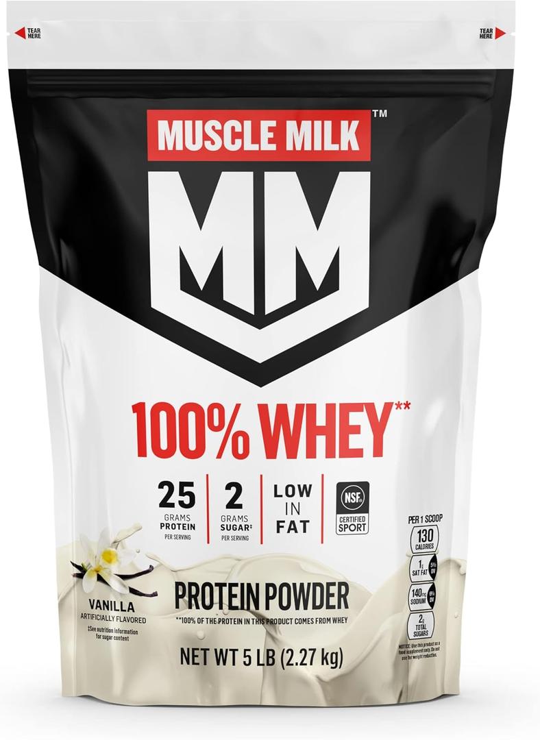 Muscle Milk 100% Whey Protein Powder, Vanilla, 5 Pound, 68 Servings, 25g Protein, 2g Sugar, Low in Fat, NSF Certified for Sport, Energizing Snack, Workout Recovery, Packaging May Vary (EXP 06/11/26)
