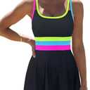 popvil Women One Piece Swimsuit 2026 Tummy Control Bathing Suit Neon Modest Swim Dress with Skirt Full Coverage, XL