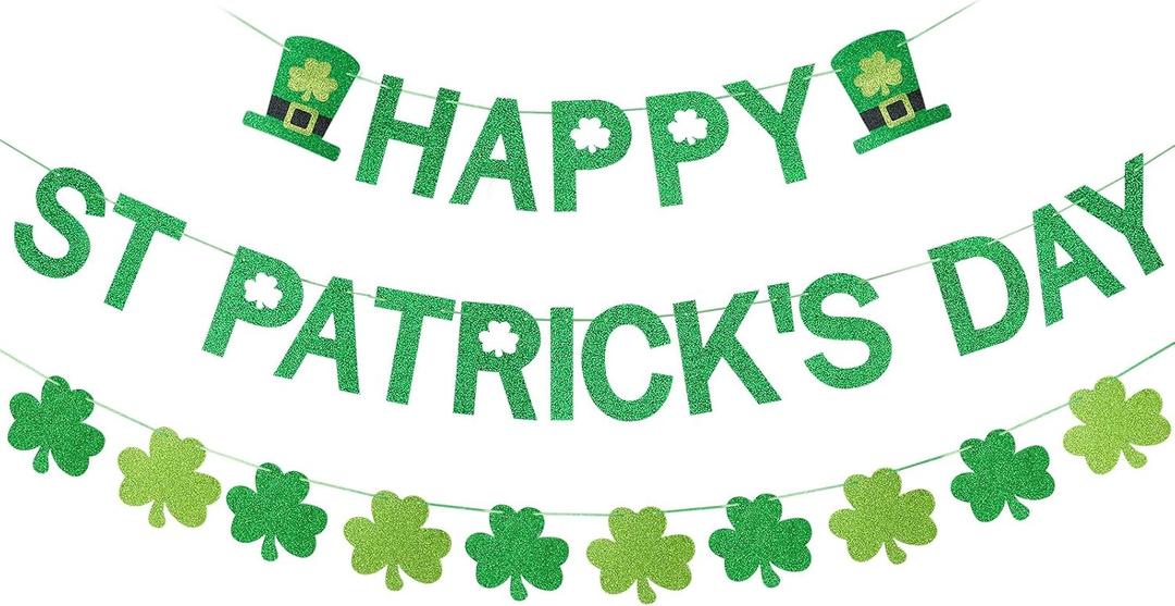 2 x Green Glitter Happy St Patricks Day Banner and Shamrock Garland, Saint Patricks Day Shamrock Clover Garland Banner Decorations for Happy Saint Patrick's Day Banner Decorations
