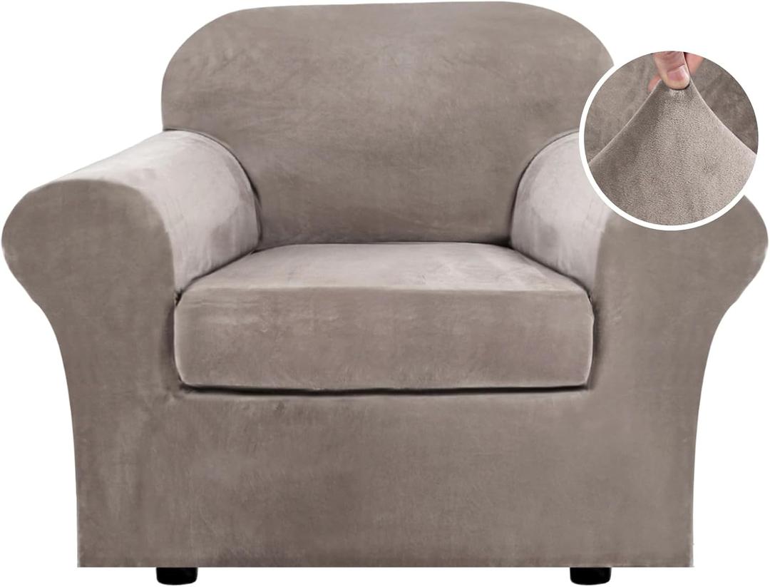 H.VERSAILTEX Rich Stretch 2 Piece Chair Cover Chair Slipcover Sofa Cover Furniture Protector Couch Soft with Elastic Bottom Chair Couch Cover with Arms Width Up to 49 Inch(Chair, Taupe)